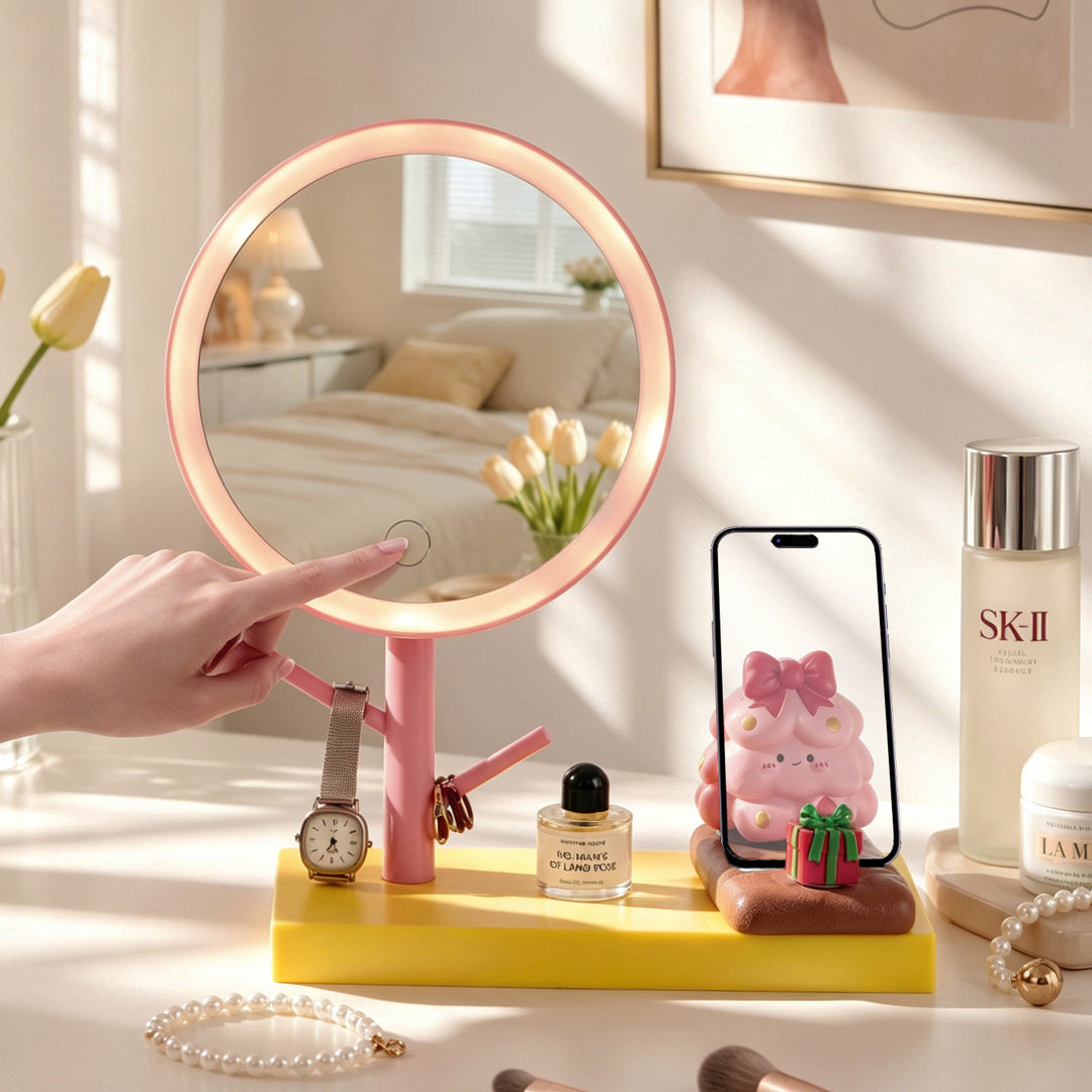 LED makeup mirror with smartphone holder