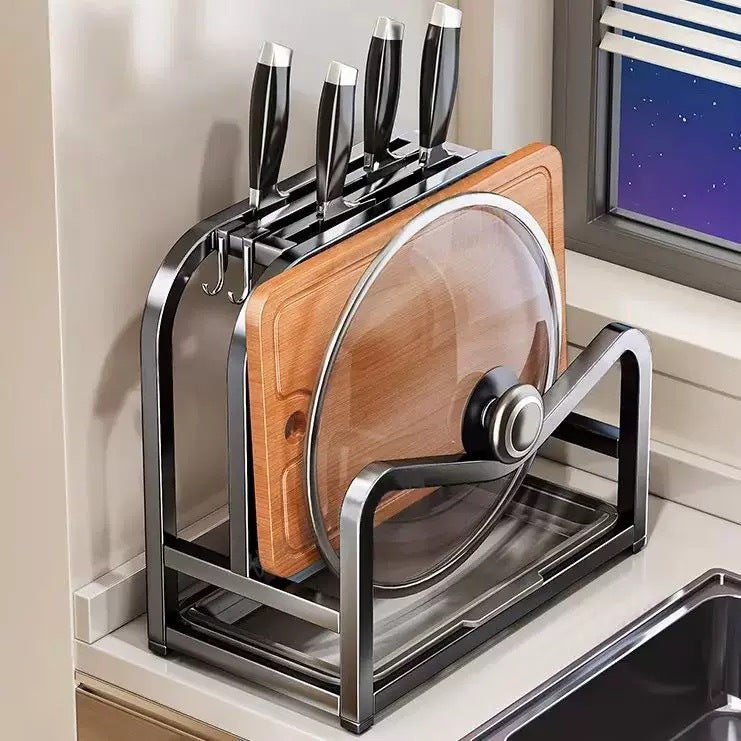 Knife block with cutting board and pot lid holder
