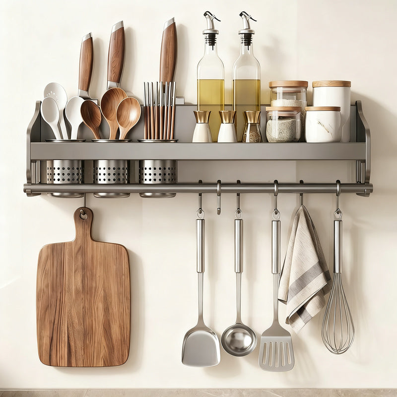 Steel kitchen shelf with knife holder