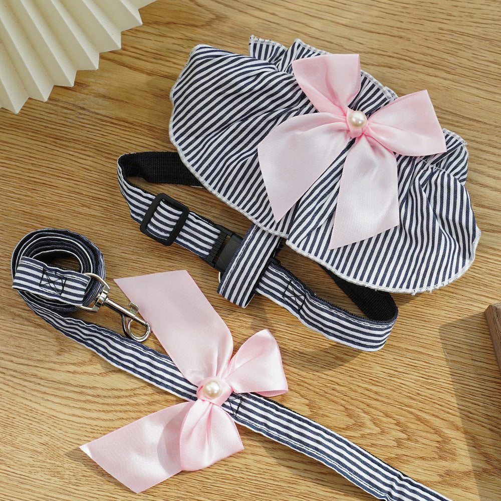 Dog harness with leash, polyester, blue striped