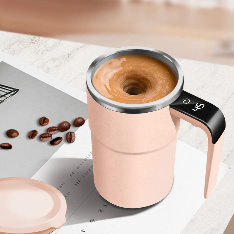 Self-stirring stainless steel coffee mug with temperature display