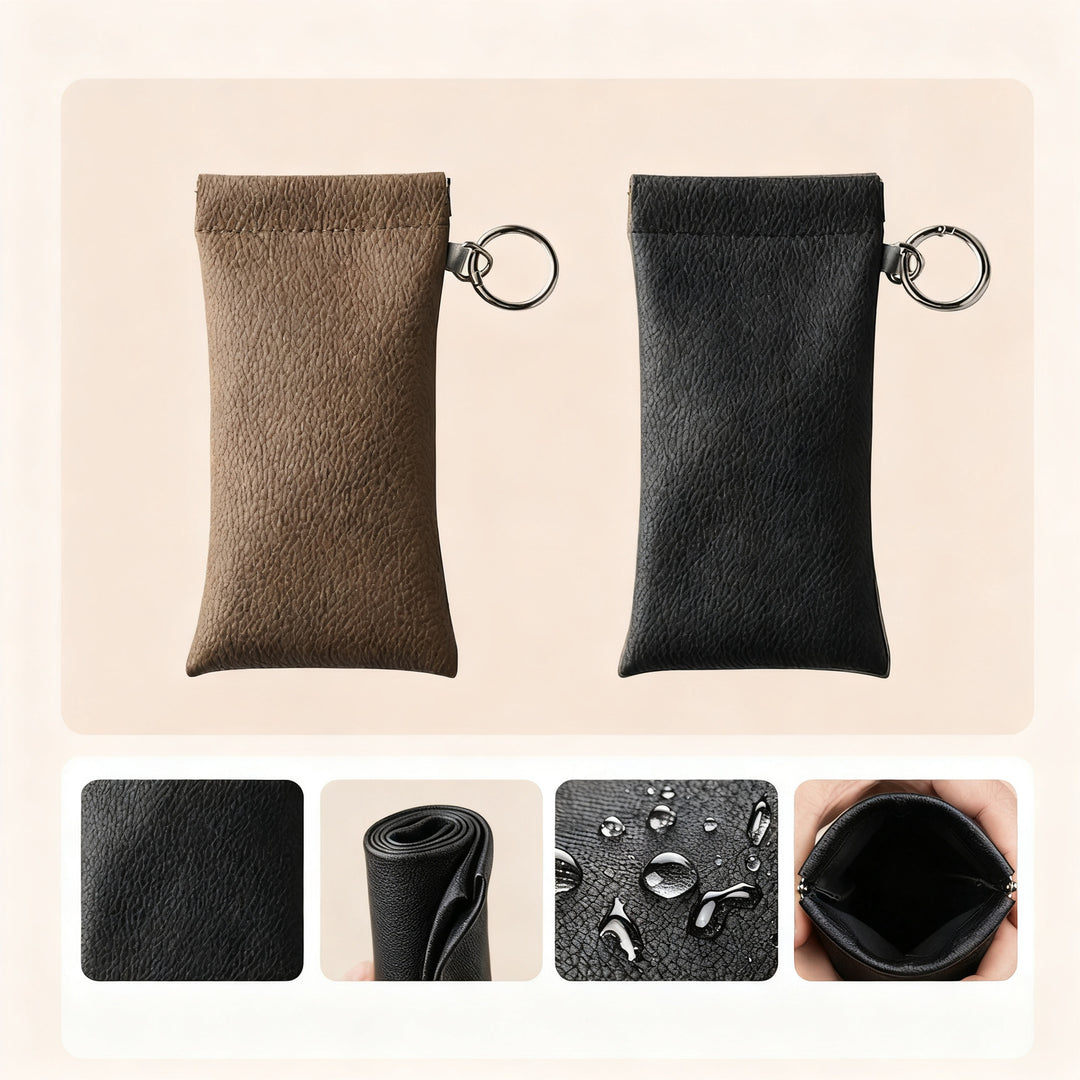 Leather glasses case with cleaning cloth and hangtag