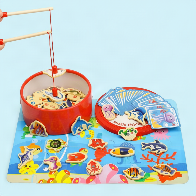 Magnetic fishing game made of wood