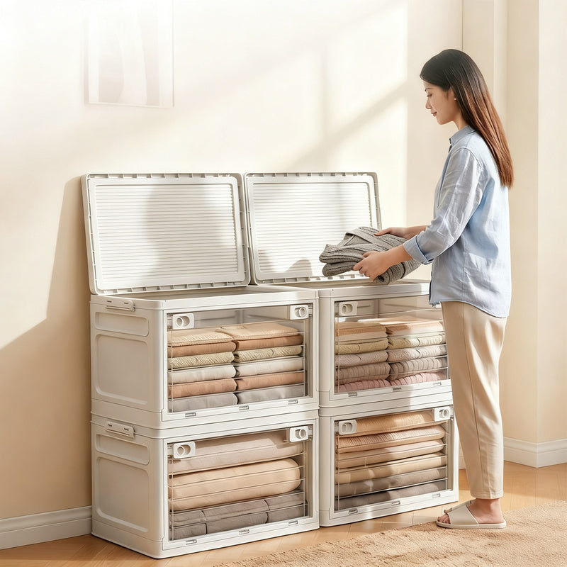 Transparent collapsible storage box with lid