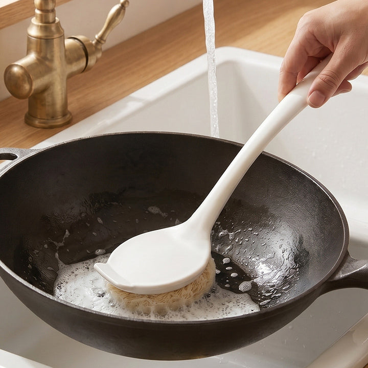 Pot brush with loofah sponge, long handle