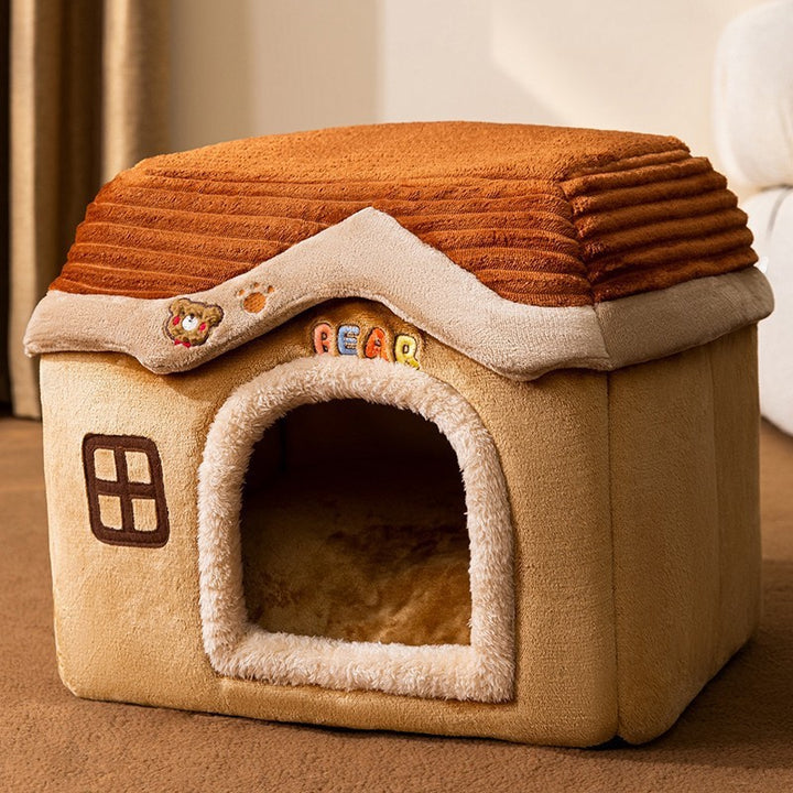 Closed pet house with roof, warm