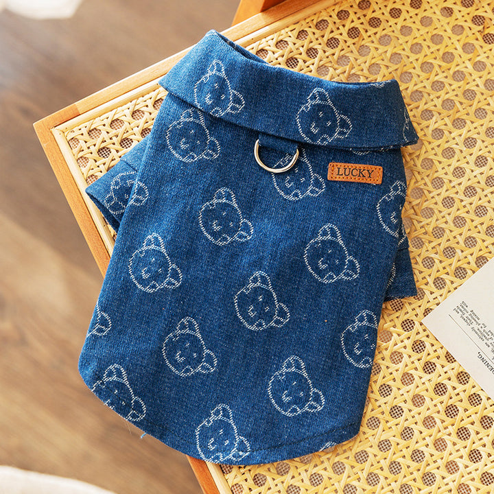 Denim-Dog jacket with leash ring for two front paws