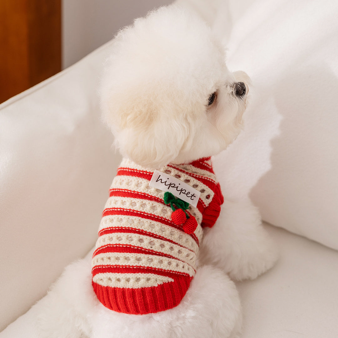 Knitted sweater for dogs with cherry pattern