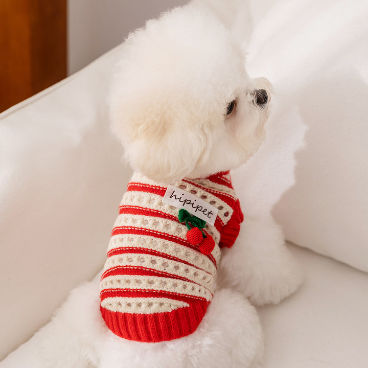 Knitted sweater for dogs with cherry pattern