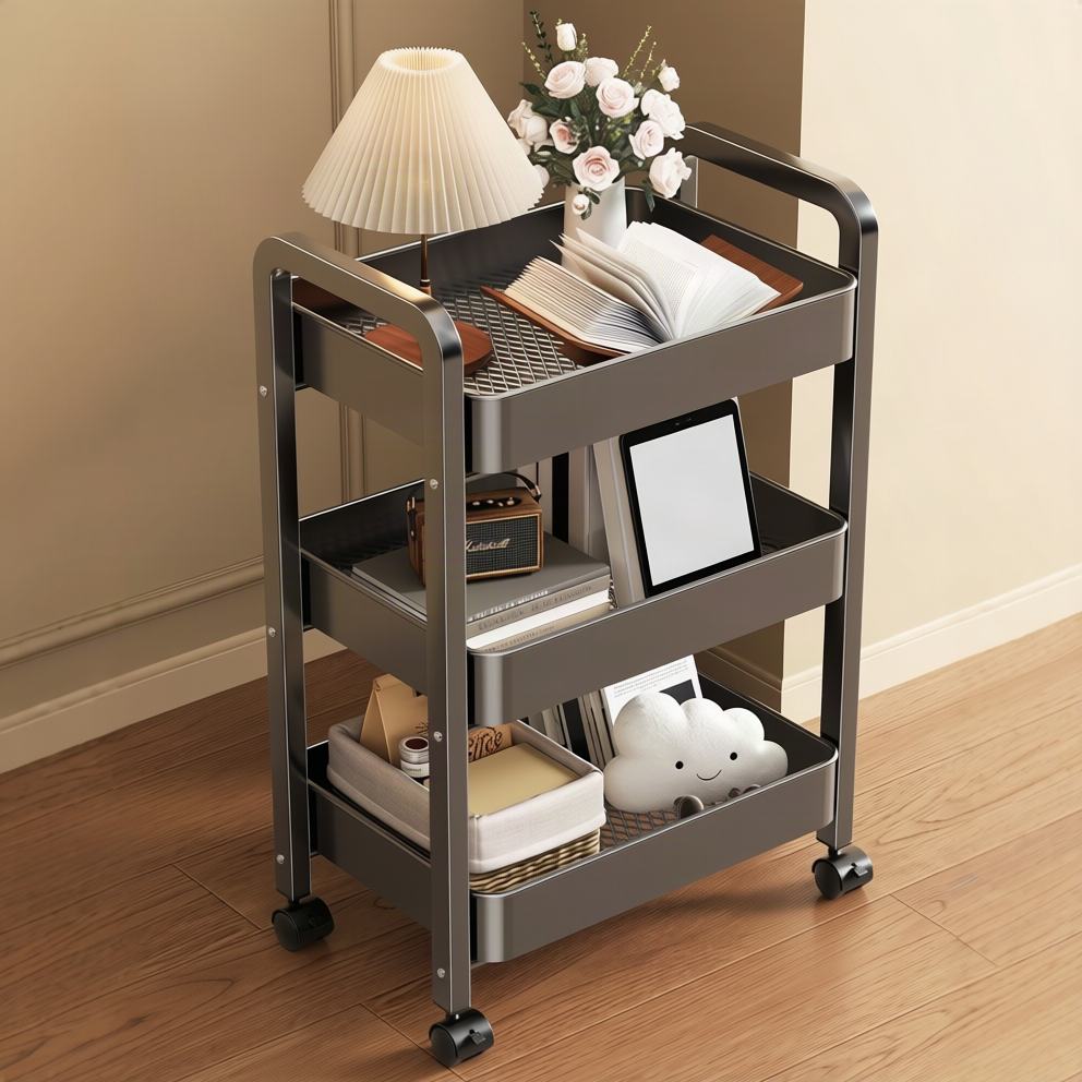 Kitchen cart with wheels, 3-tier, steel frame
