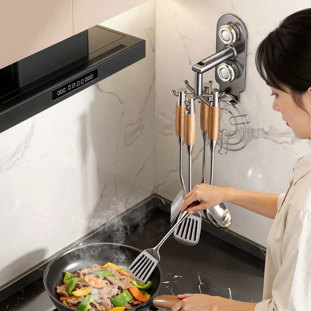 Rotating kitchen organizer, wall-mounted, 6 hooks, stainless steel