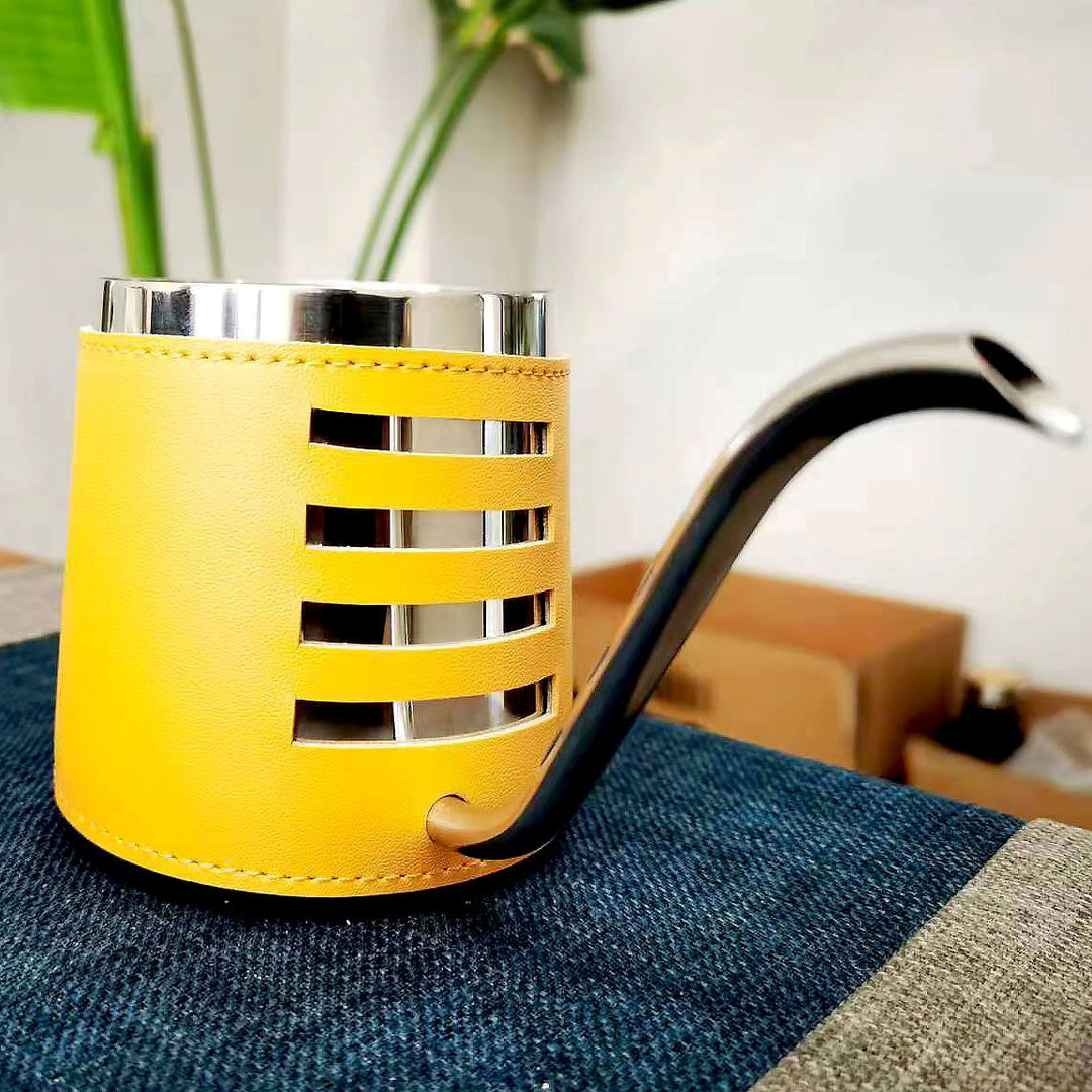 Stainless steel coffee pot with leather handle, 350–500 ml