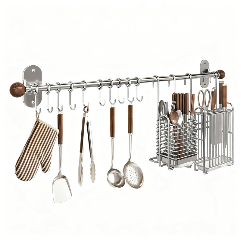 Wall mount made of stainless steel with hooks for kitchen utensils