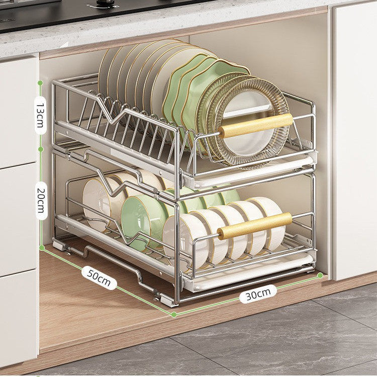 Expandable dish rack made of stainless steel for cabinets