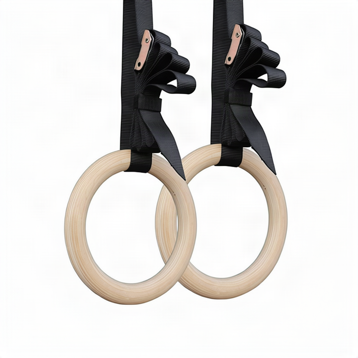 Wooden gymnastics rings with strap