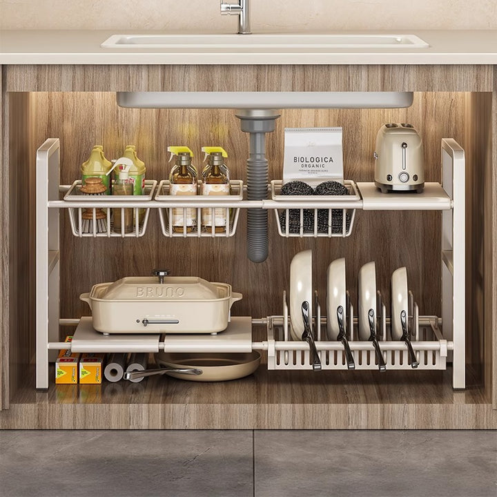 Expandable under-sink shelf for the kitchen