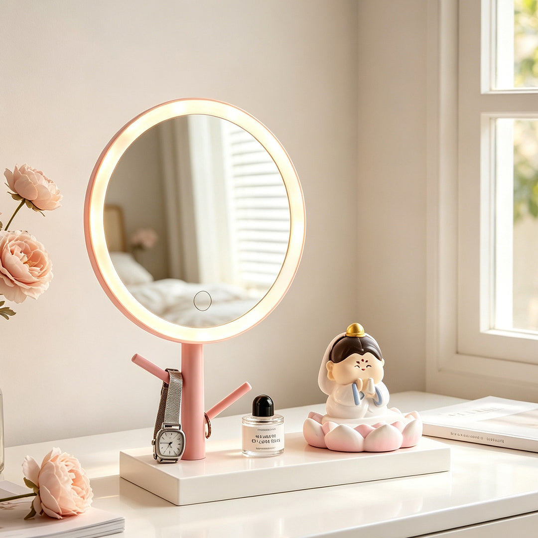 Lotus makeup mirror with phone stand and storage
