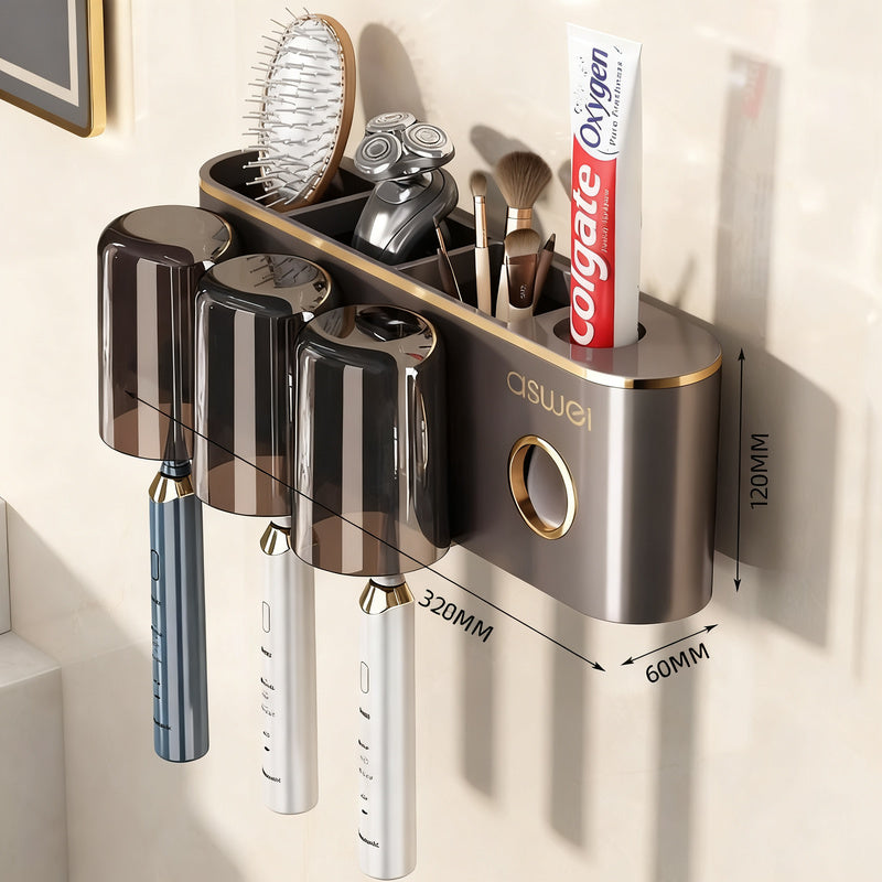 Toothbrush wall holder with toothpaste dispenser
