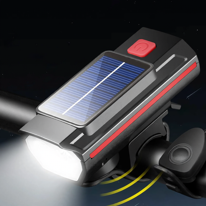 Bicycle light, solar charging, with horn and bell