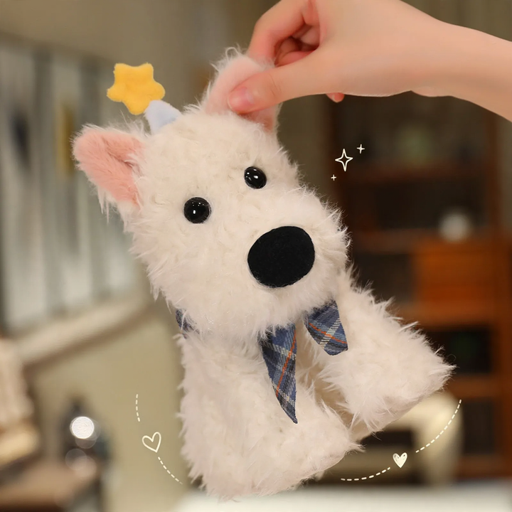 Plush dog doll with scarf, various sizes