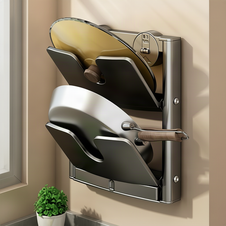 Wall shelf for pot lids and kitchen utensils, foldable