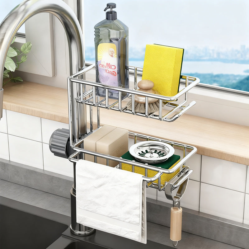 Stainless steel sink and faucet storage basket