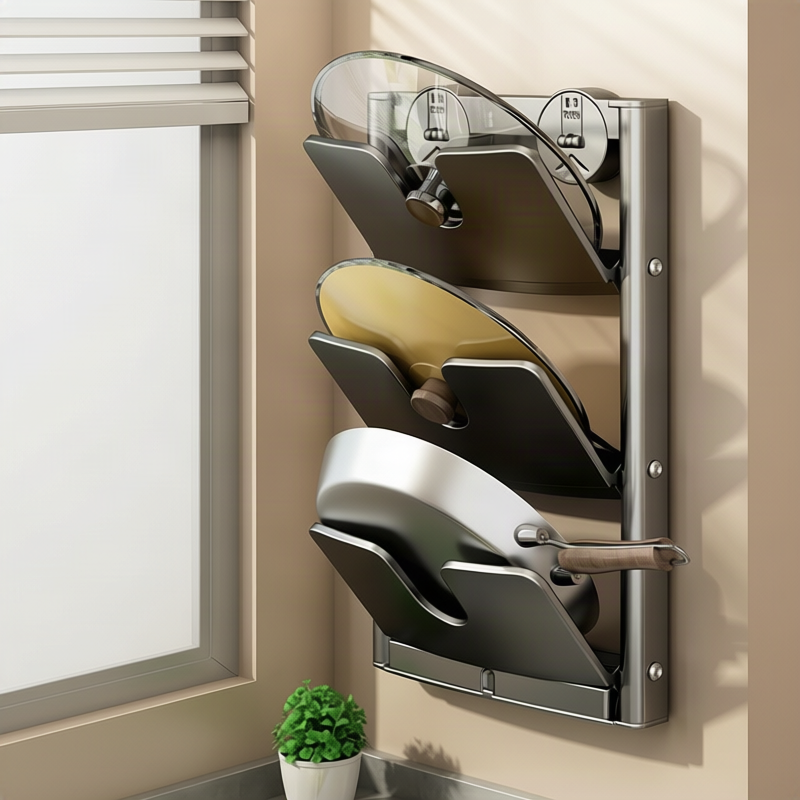 Wall shelf for pot lids and kitchen utensils, foldable