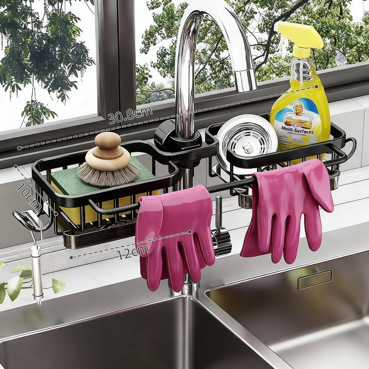 Aluminum sink organizer with drain tray