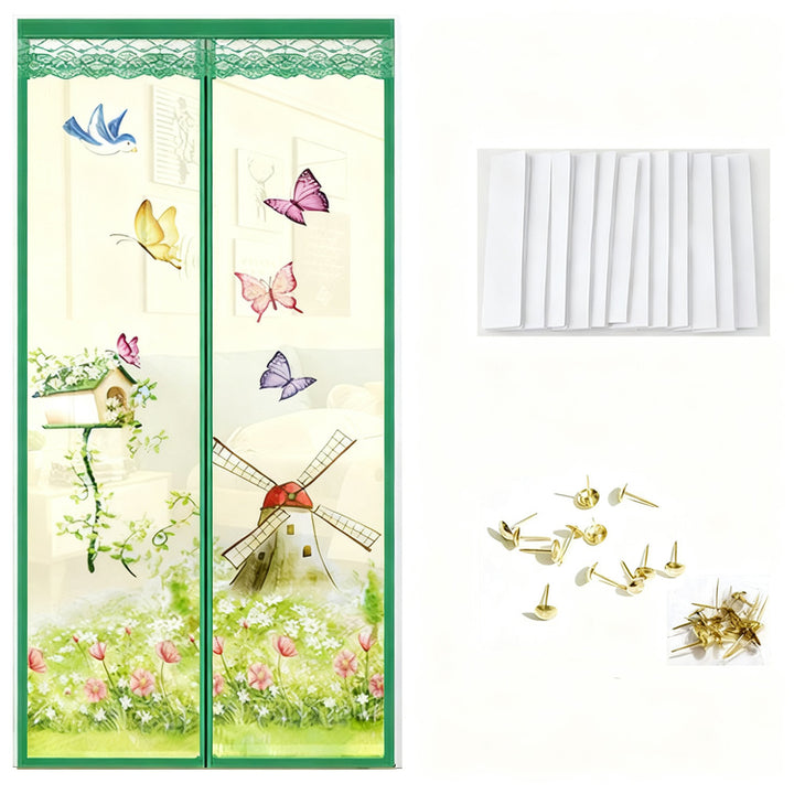 Magnetic insect screen door curtain with designs