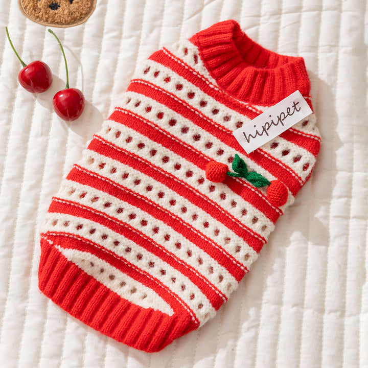 Knitted sweater for dogs with cherry pattern