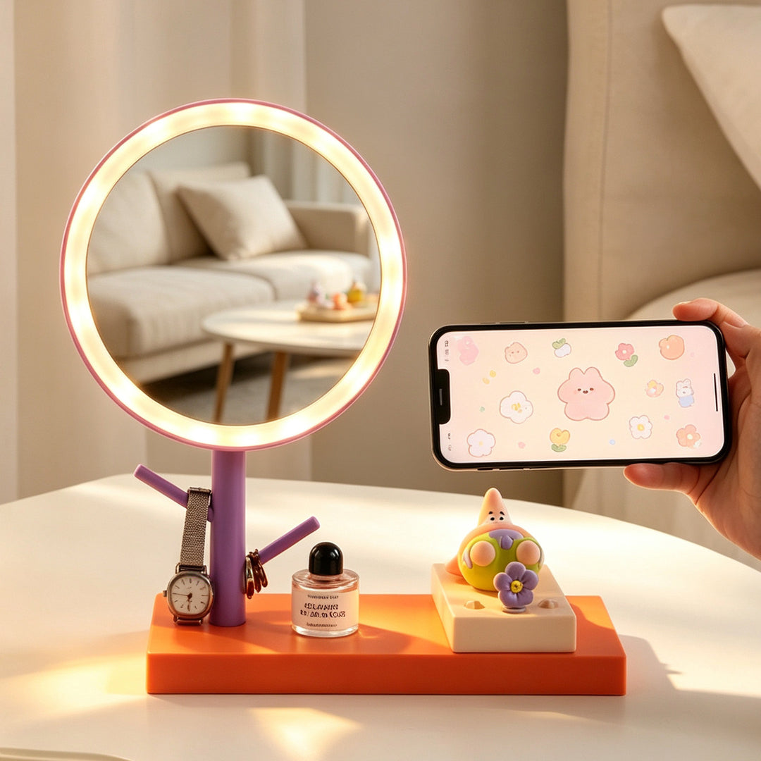 LED cosmetic mirror with phone holder