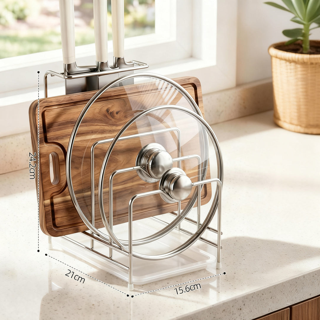 Stainless steel kitchen shelf for knives, boards, and lids