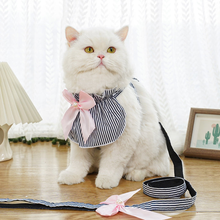 Dog harness with leash, polyester, blue striped