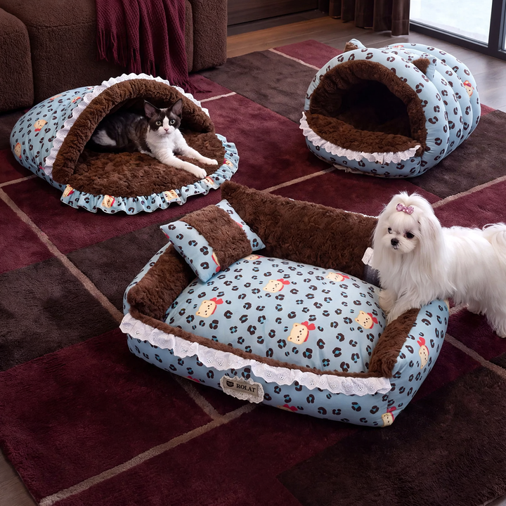 Pet cuddle bed with leopard pattern