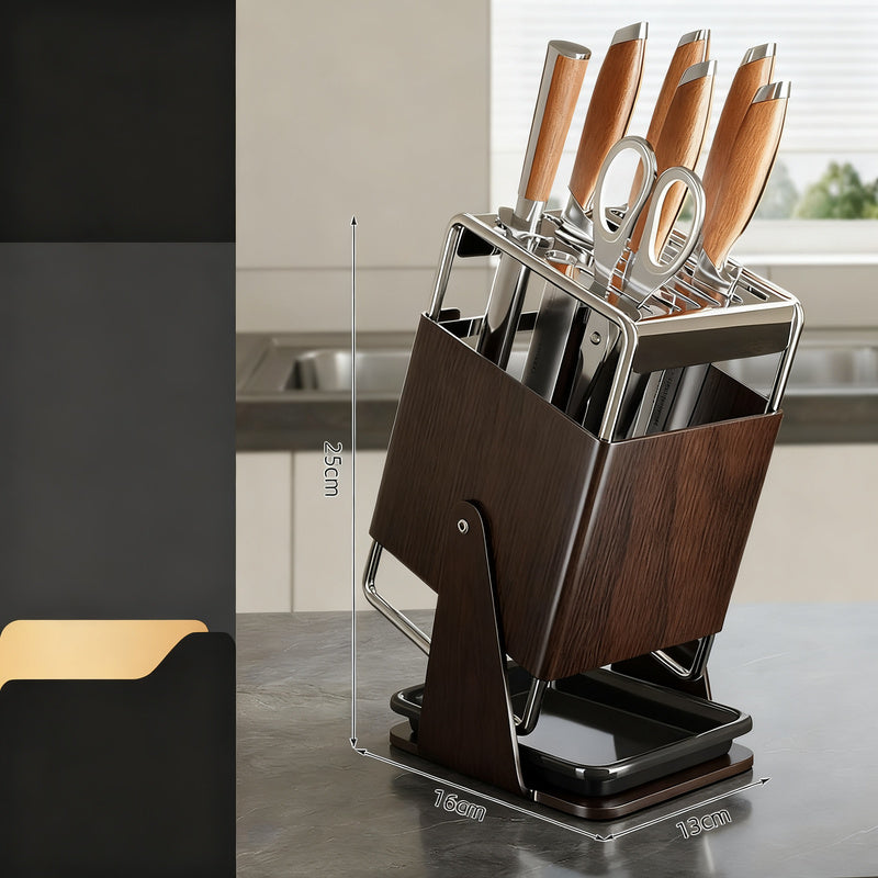 Rotating knife block made of stainless steel with accessories