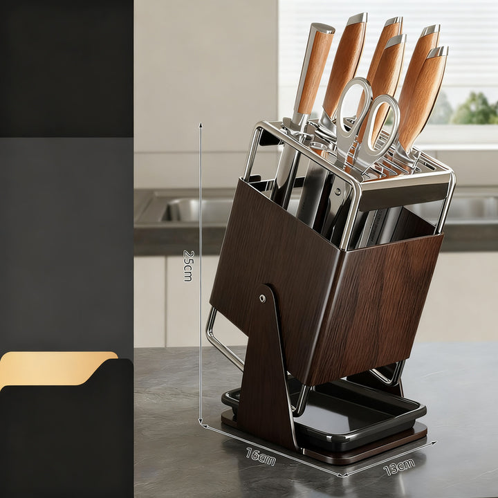 Rotating knife block made of stainless steel with accessories