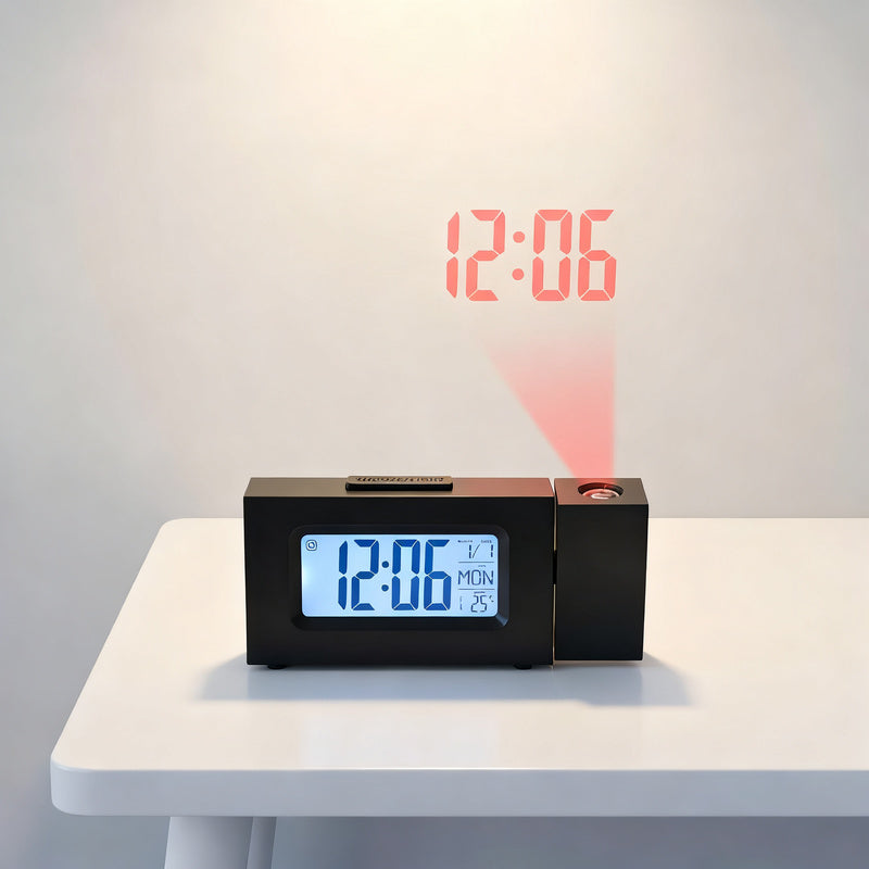 Mini projection clock with LCD display