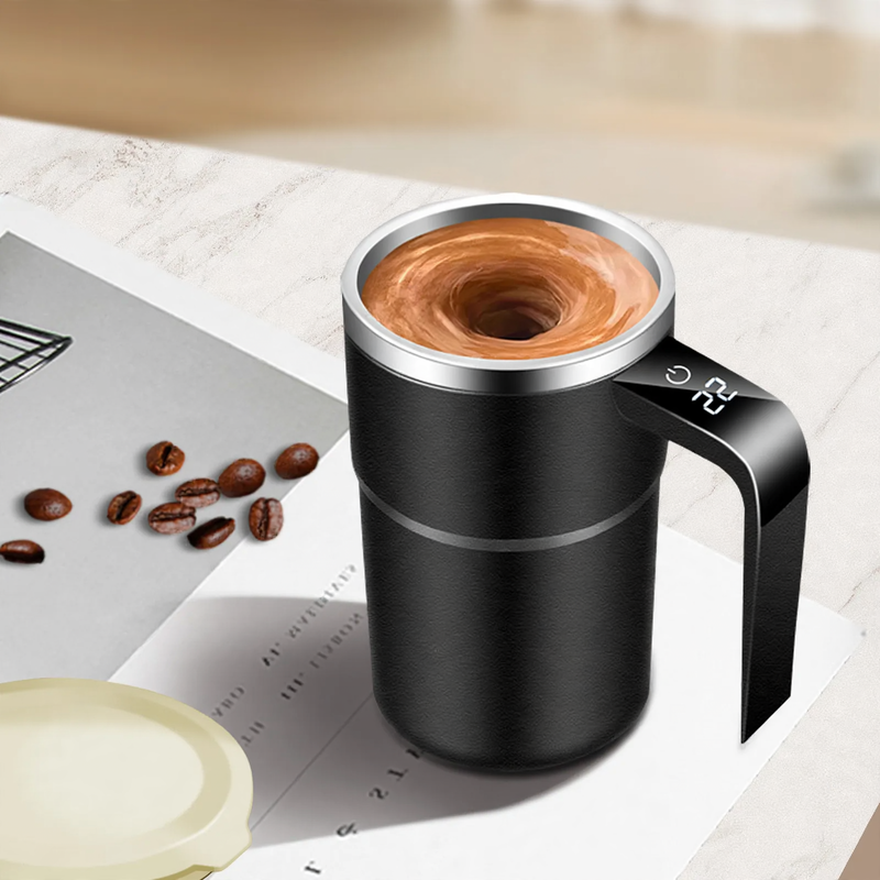 Self-stirring stainless steel coffee mug with temperature display