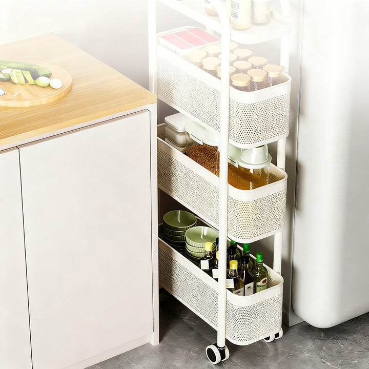 Narrow shelf made of carbon steel, 4 levels, movable