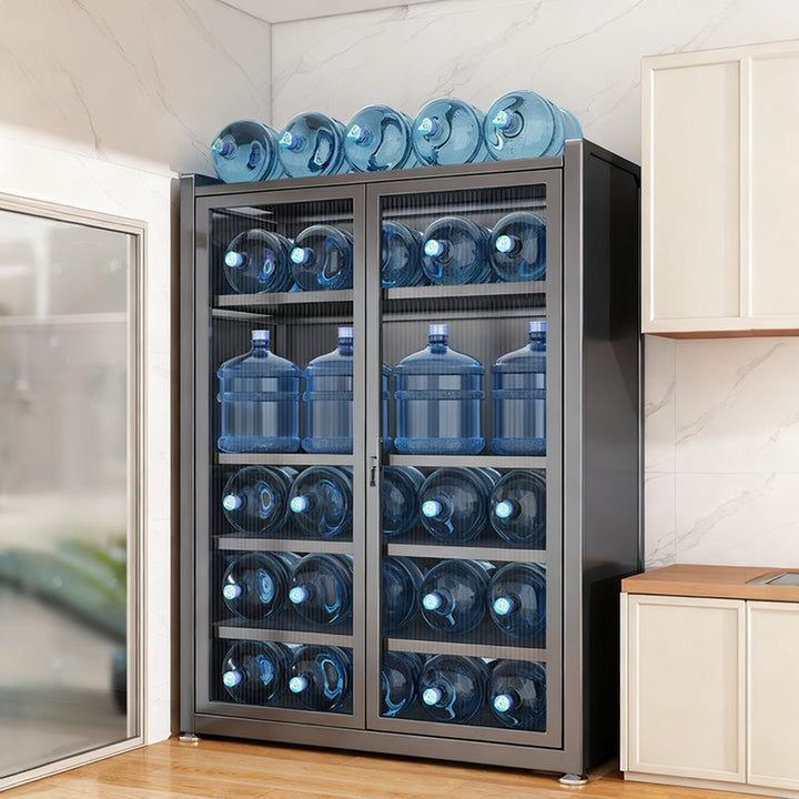 Kitchen stand shelf with glass doors, multi-tiered