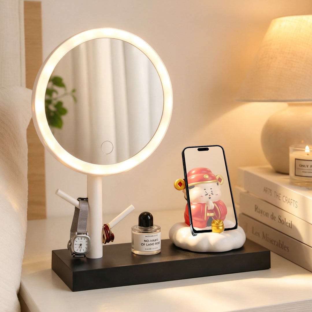 Makeup mirror with LED lighting and phone holder