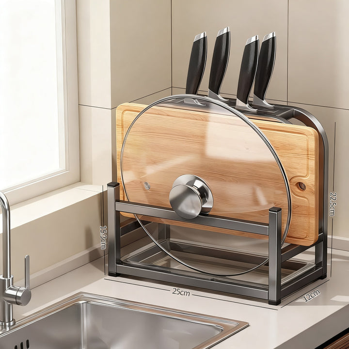 Knife block with cutting board and pot lid holder