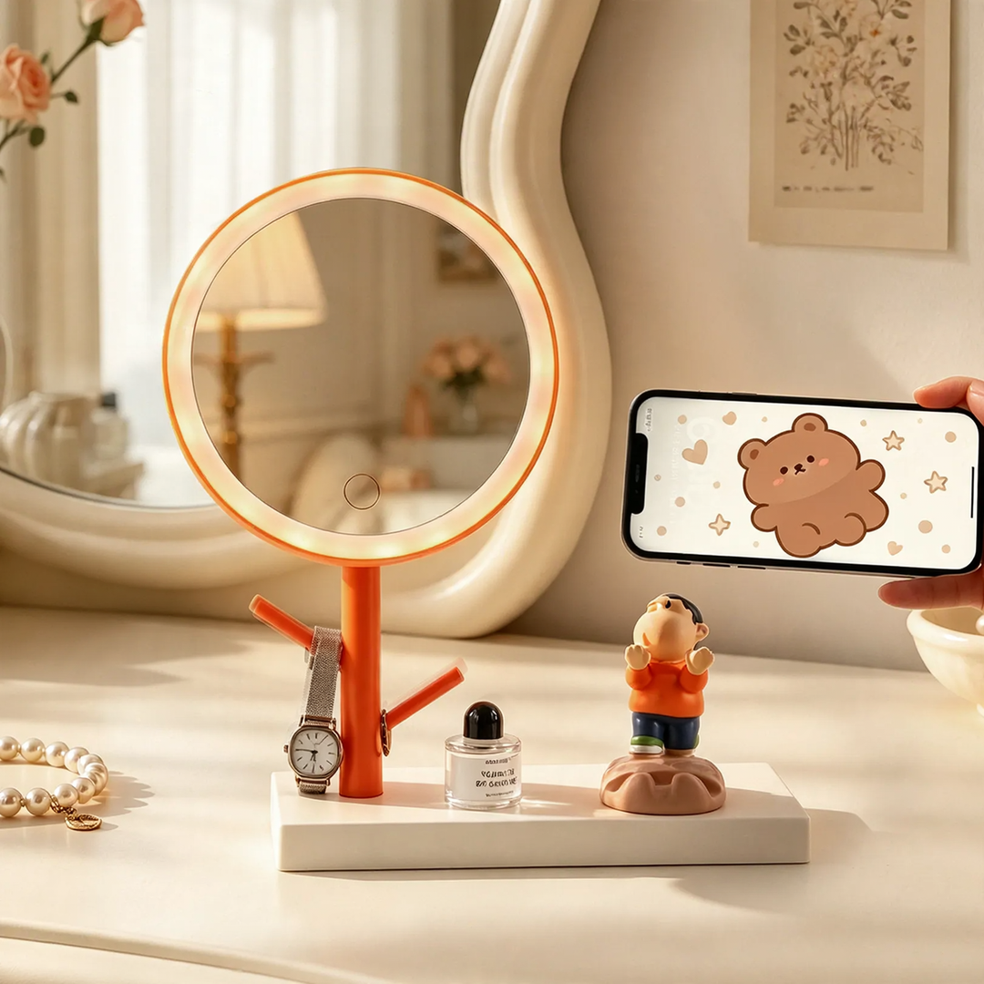 LED Make-up Mirror with Phone Holder and Jewelry Stand