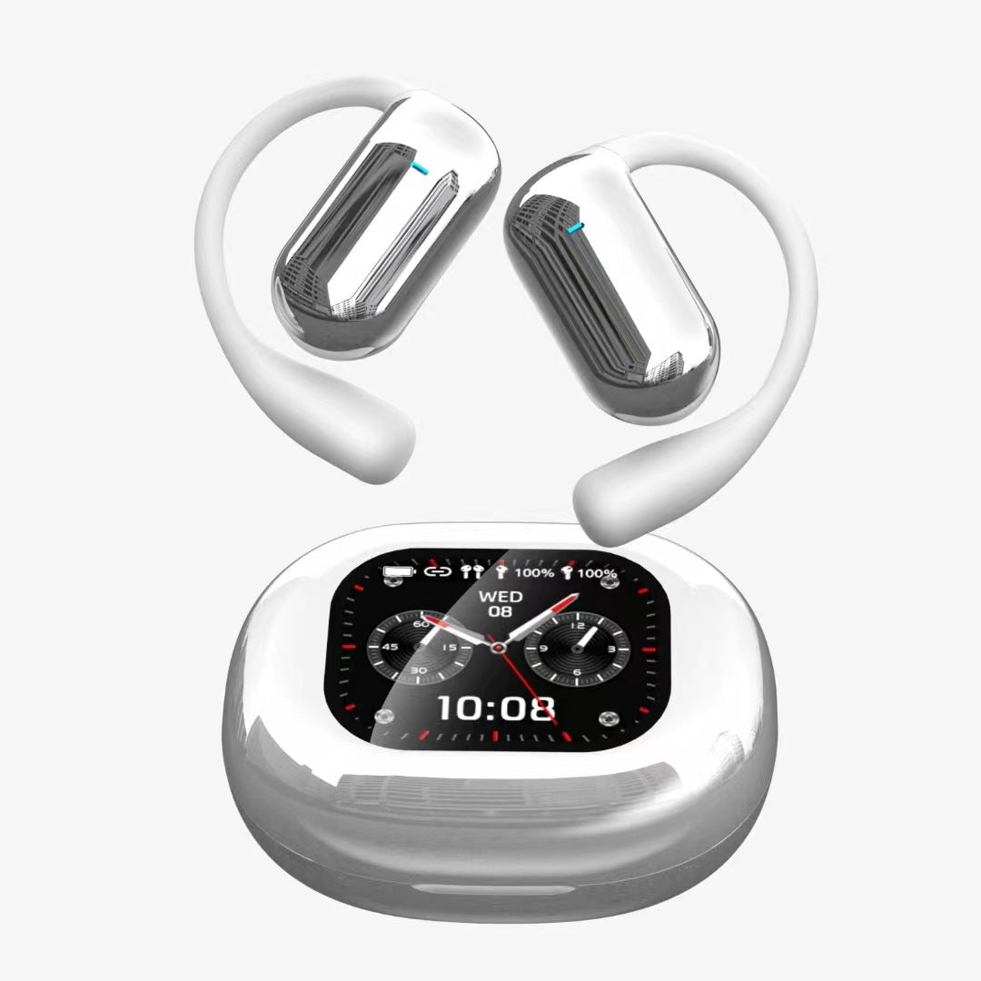 Bluetooth earbuds, open, color touchscreen