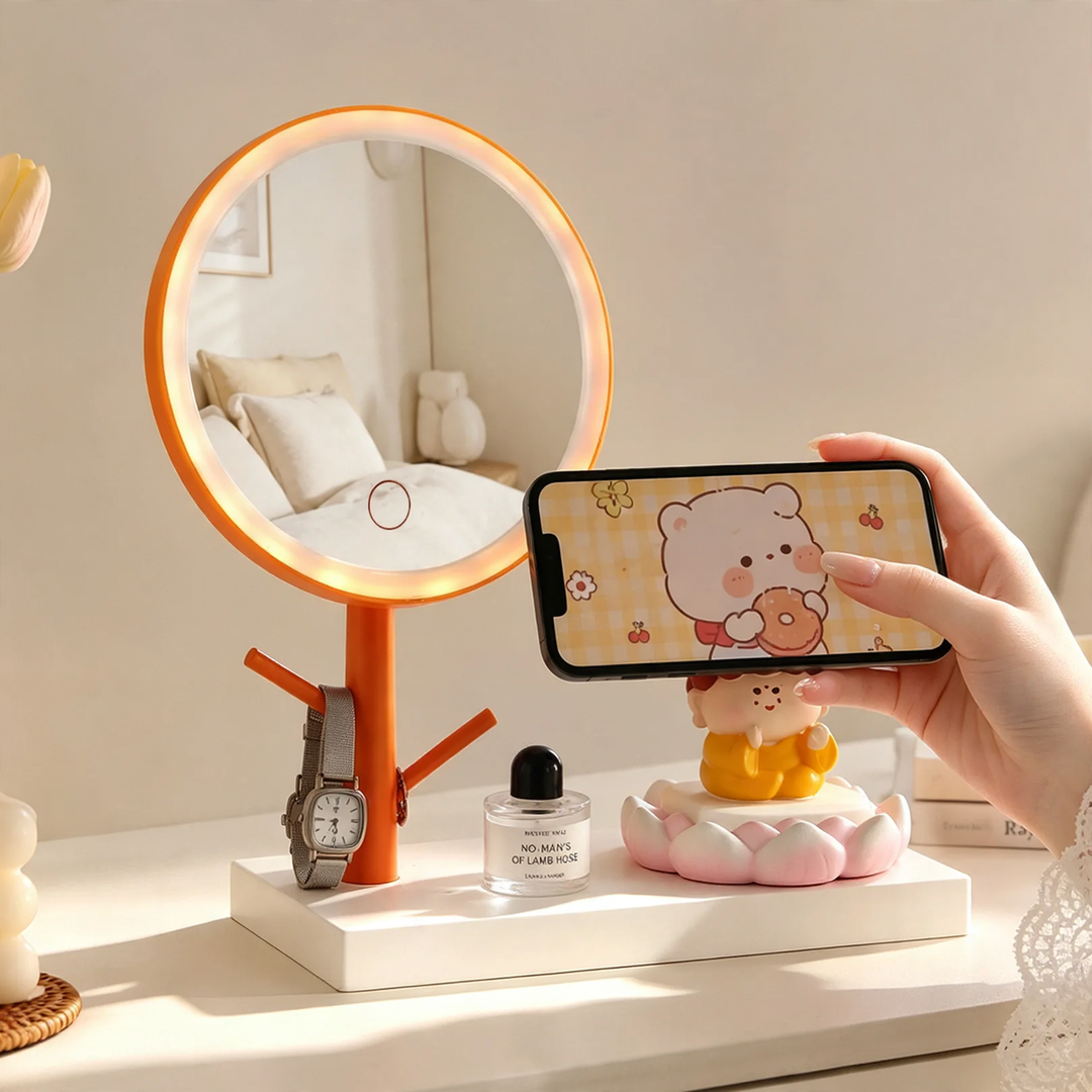 Makeup mirror with LED light and phone holder