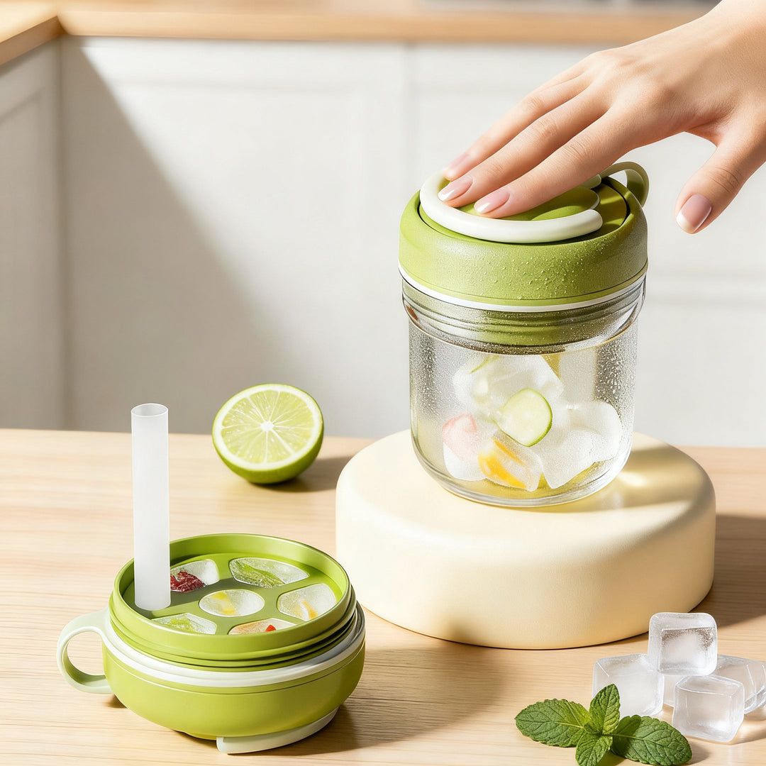 3-in-1 ice cube drinking cup with integrated ice compartment