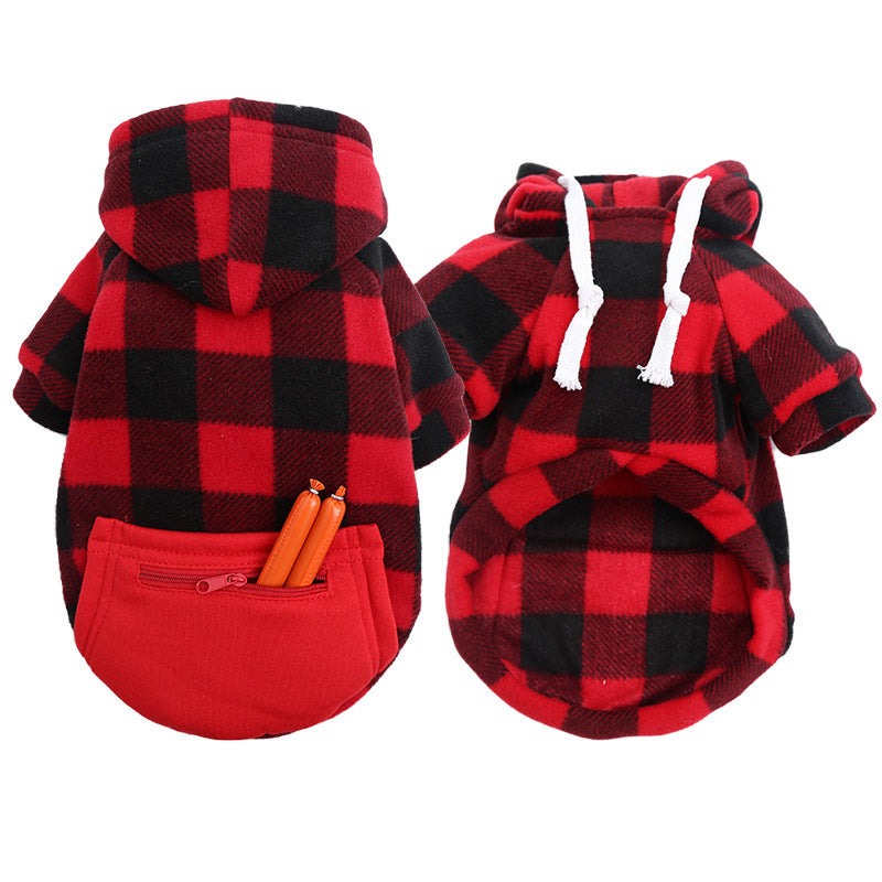 Dog sweatshirt, plaid pattern, zipper, pockets
