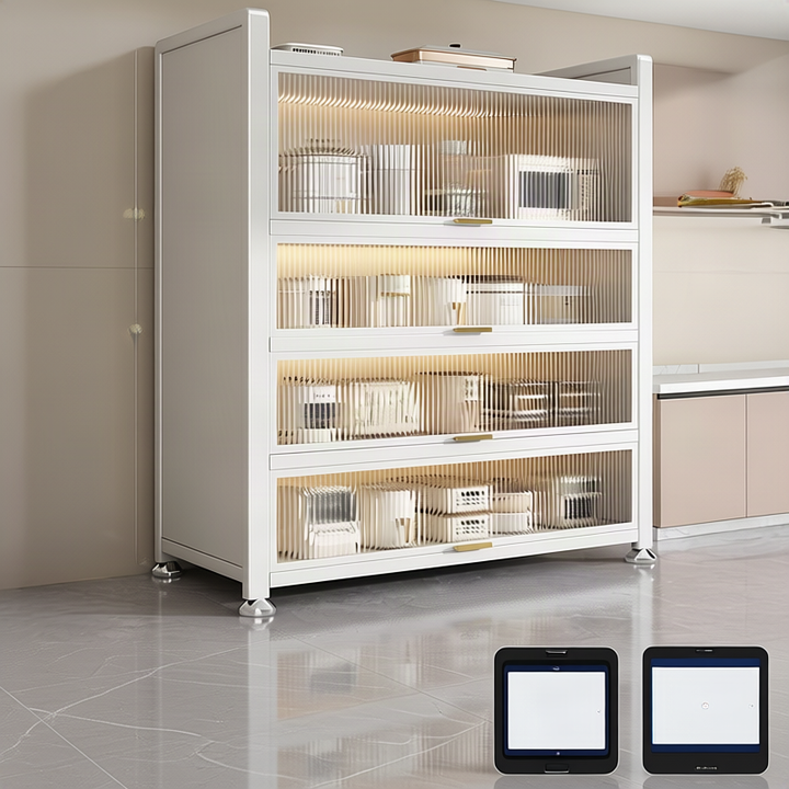 Kitchen stand shelf with glass doors, multi-tiered