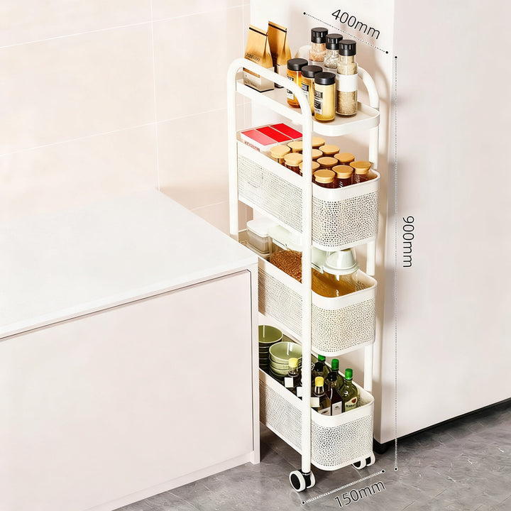 Narrow shelf made of carbon steel, 4 levels, movable