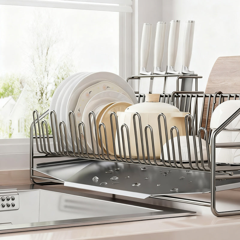 Dish rack with drip tray, expandable, steel frame